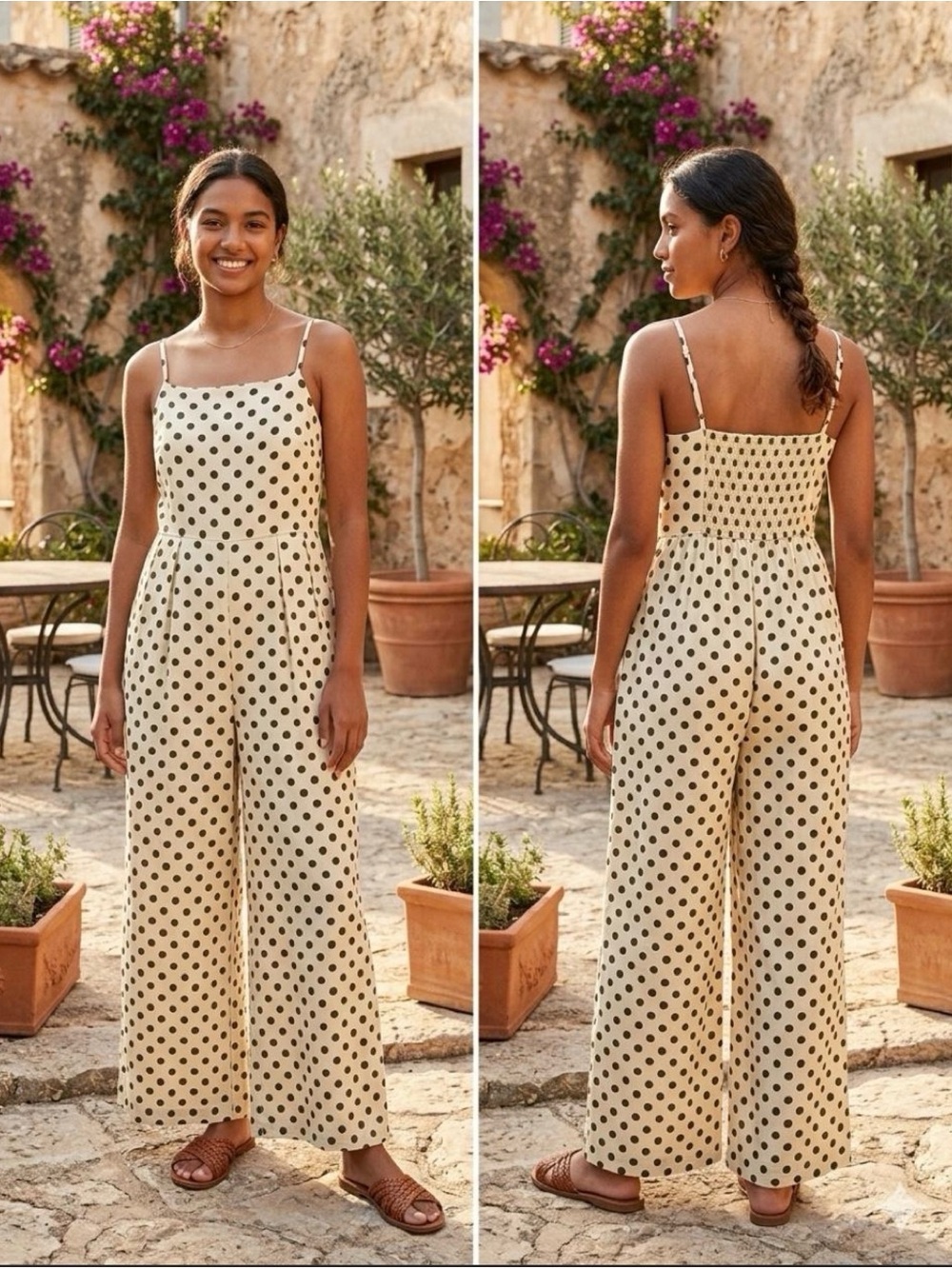 Anniewear Polka Dot Smocked Wide-Leg Jumpsuit - Olive Green